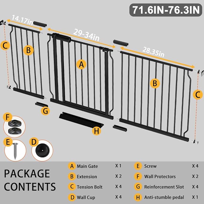 Fairy Baby Extra Wide Baby Gate 71.6-76.3 Inch Wide, Walk Through Pressure Mounted No Drill, Long and Large Tension Gate for Pet and Kids, Black-PurrikoPets