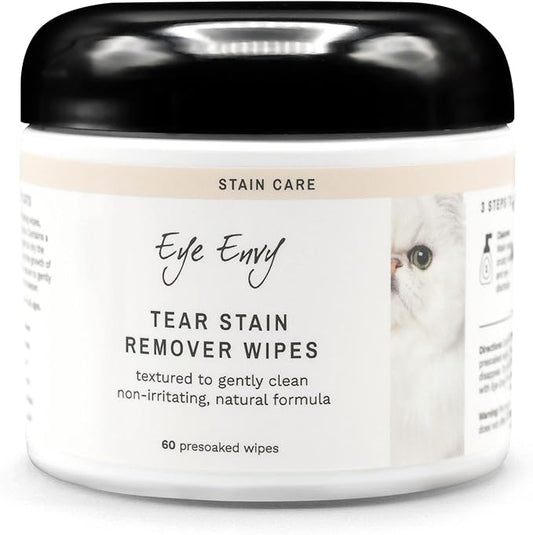 Eye Envy Tear Stain Wipes for Cats. Textured to Gently Clean, Treats The Cause of Staining. 100% Natural Formula. Recommended by Persian & Exotic Breeders, Vets, Groomers. USA Made. 60 Cat Eye Wipes-PurrikoPets