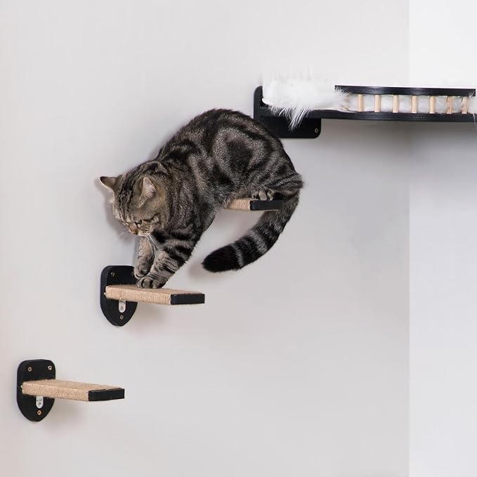 3pcs Wall Steps for Cats, Climbing Mounted Furniture, Shelves With Hemp Rope Covered, Solid Wood Ladder for Playing and Climbing (Large-Black)-PurrikoPets