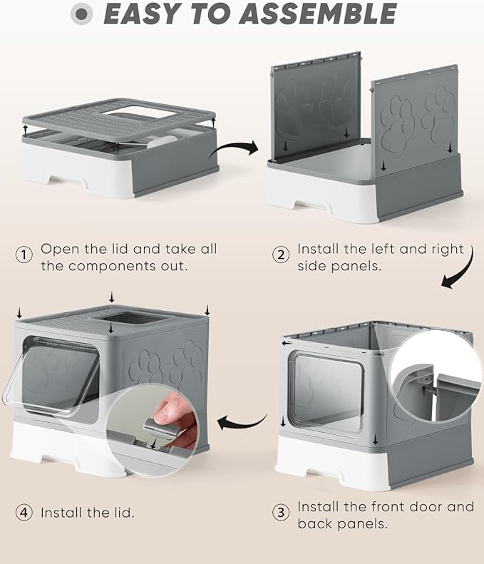Enclosed Cat Litter Box, Large Litter Box for Big Cats, Covered Kitty Litter Boxes with Lid, Top Entry Cat Box Enclosure with Scoop, Odor Control, Easy to Clean(Grey)-PurrikoPets