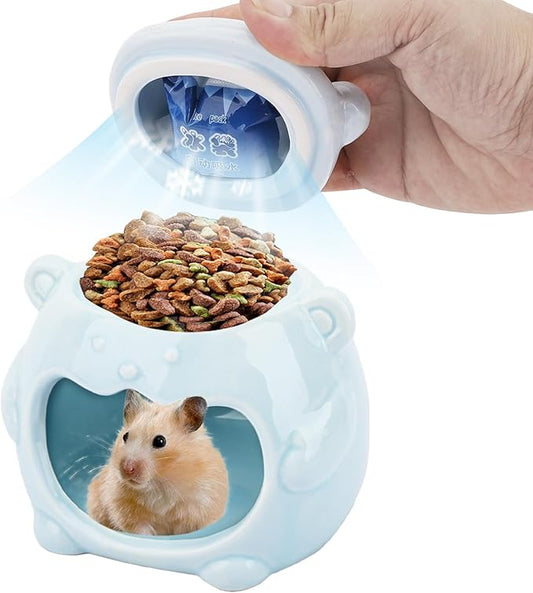 3-in-1 Bear Shaped Ceramic Hamster House - Cool House for Syrian Dwarf Hamsters, Mice, Gerbils， Small Pets, Top for Hamster Food, Removable Lid for Ice Packs, Cute Cool Hideout for Summer（Blue）-PurrikoPets