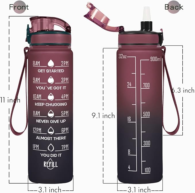 Enerbone Water Bottle, Leakproof BPA & Toxic Free, Motivational Water Bottle with Times to Drink and Straw, Fitness Sports Water Bottle with Strap for Office, Gym, Outdoor Sports-PurrikoPets
