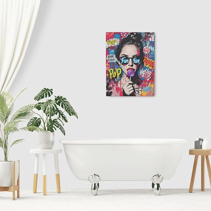 Fashion Women Wall Art Glam Modern Artwork for Girls Banksy Street Graffiti Pop Art Canvas Pictures Painting Print Framed Decorations Gifts for Bedroom Living Room Office 12"x16"-PurrikoPets