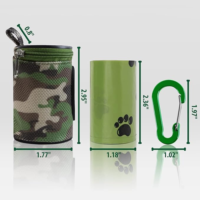 Dog Poop Bag Holder for Leash Doggie Waste Bag Dispenser Puppy Potty Carrier Small Doggy Zipper Pouch with Carabiner Clip 1680D Nylon Oxford with 1 Roll of Pet Trash Bags, Woodland Camo-PurrikoPets