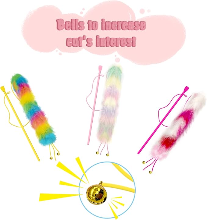 3 Pack Cat Wand Toy, Rainbow Cat Feather Toys with Bells, Teaser Wand with Soft Furry Tail, Interactive Toys for Indoor Cats & Kitten & Kitty-PurrikoPets