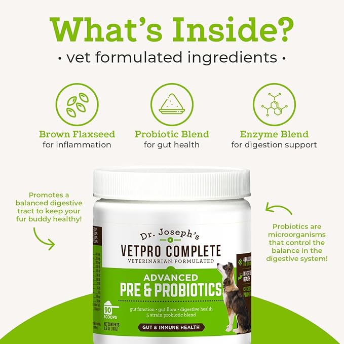 Dr. Joseph's VetPro Complete Advanced Powdered Pre & Probiotics for Dogs, 90 Scoops, Supports Gut Health, Diarrhea, Digestive Health & Seasonal Allergies, Chicken/Pumpkin Flavor, Add to Food-PurrikoPets