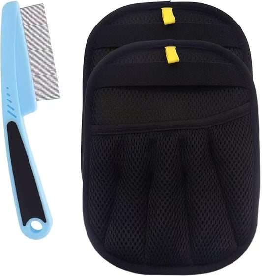 Electrostatic Pet Hair Remover Glove, Reusable Pet Hair Removal Glove for Dog & Cat Grooming, Double Sided Static Pet Hair Fur Remover Gloves for Clothing, Couch, Car Seat (2 gloves+1 flea comb)-PurrikoPets