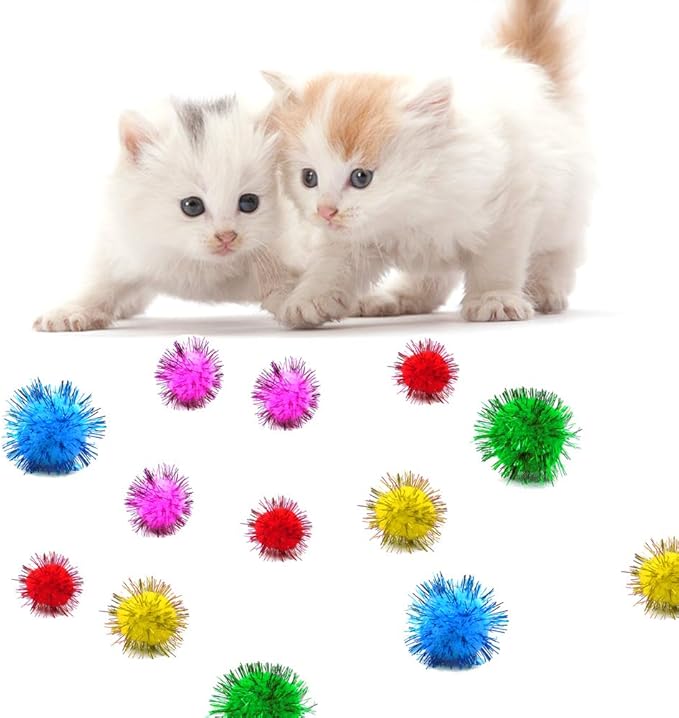 80 Pieces Cat Sparkle Balls Assorted Color 1 Inch Pom Poms Tinsel Cat Ball Toy Puff Balls Glitter Ball for Cats Kitten Toys for Indoor Cats and Crafts-PurrikoPets