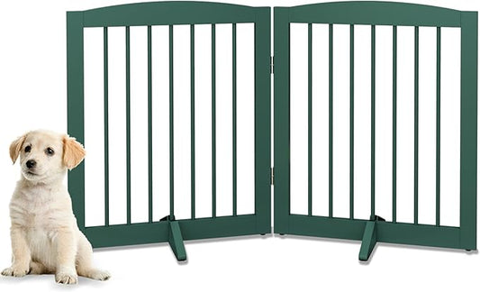 Freestanding Pet Gate for Dogs, Foldable Wooden Dog Gate for House, Stairs, Doorways, Step Over Pet Puppy Safety Fence,Support Feet Included,24" Height 2 Panels, Green-PurrikoPets