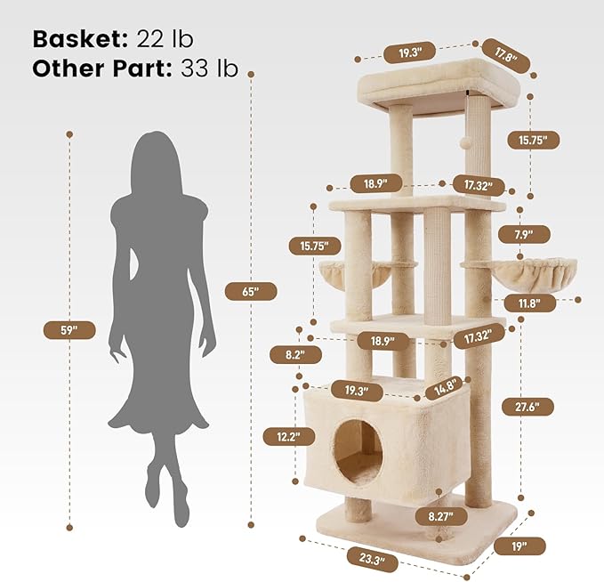 Gardner Pet 65in Heavy Duty Cat Tree Tower for Large Cats, Multi-Level Cat Furniture with Replaceable Sisal Scratching Post, Hammock | Extra-Large Platform & Condo (Upgraded Beige)-PurrikoPets