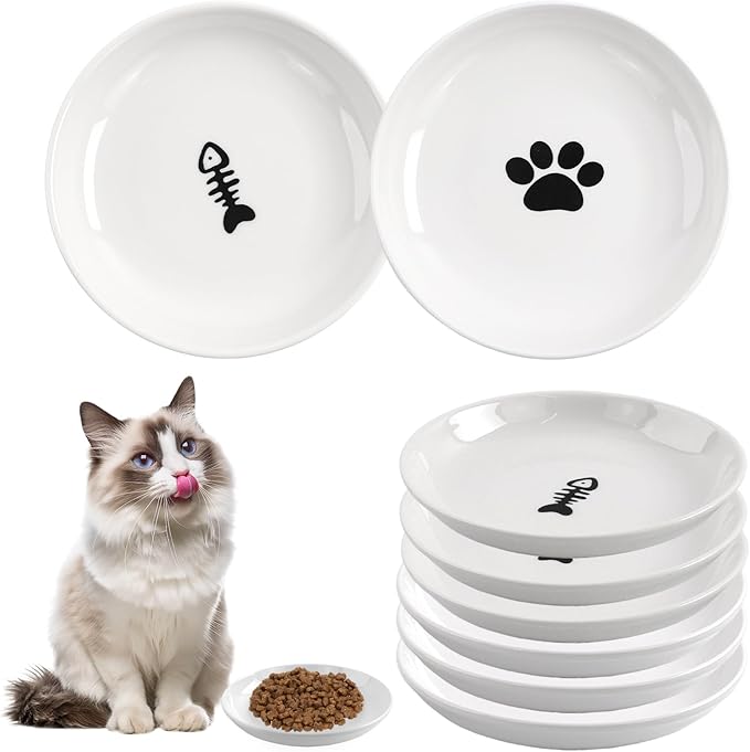 6 Pack Cat Food Bowl, Ceramic Cat Bowls, Anti Whisker Fatigue Cats Bowl Set,5.5 Inches Shallow Wide Kitten Plates for Food and Water (Cat's Paw+Fishbone)-PurrikoPets