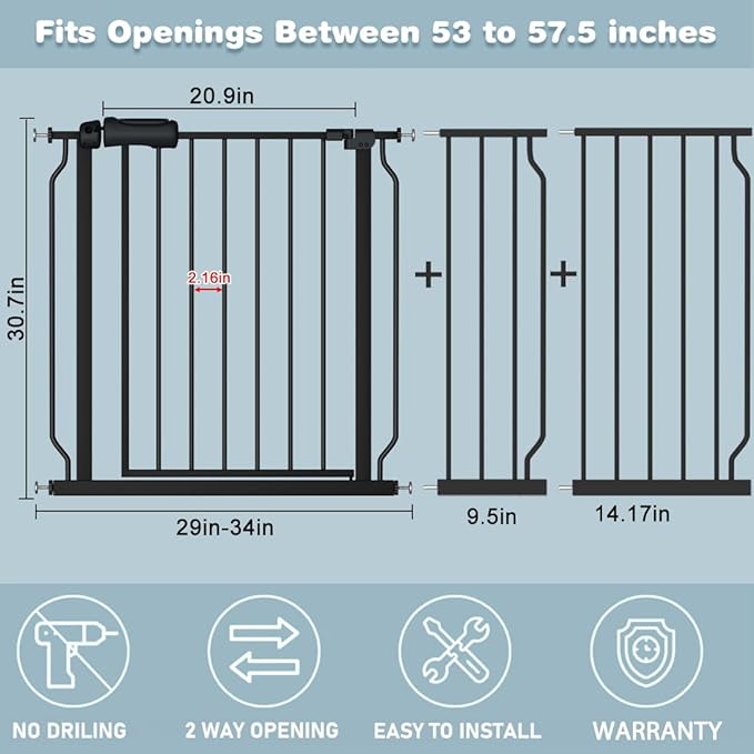 Extra Wide Baby Gate Black 53-57.5 Inch Wide Walk Through Pressure Mounted No Drill Long and Large Tension Metal Gate for Dog and Toddler-PurrikoPets