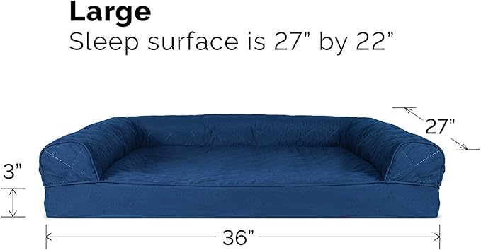 Furhaven Cooling Gel Dog Bed for Large/Medium Dogs w/ Removable Bolsters & Washable Cover, For Dogs Up to 55 lbs - Quilted Sofa - Navy (Blue), Large-PurrikoPets
