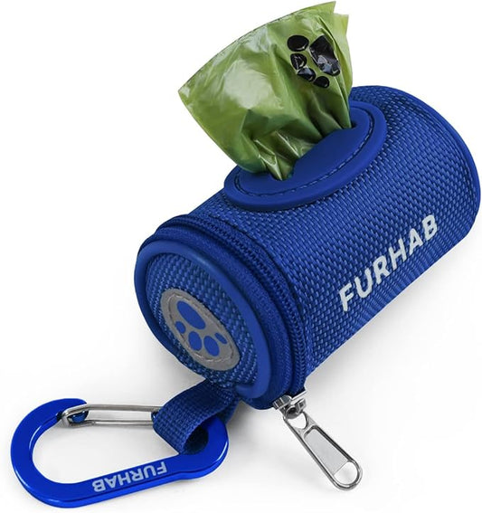 Dog Poop Bag Holder for Leash Doggie Waste Bag Dispenser Soft Fabric Puppy Potty Carrier Small Doggy Zipper Pouch with Carabiner Clip 1680D Nylon Oxford with 1 Roll of Pet Trash Bag, Royal Blue-PurrikoPets