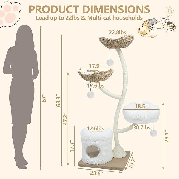 63” Tall Cat Tree Tower for Indoor Cats, Multi-Level Large Cat Climbing Furniture with Scratching Posts, Soft Perch, Cozy Cave, and Hanging Toys, Sturdy Design for Multi-Cat Households-PurrikoPets