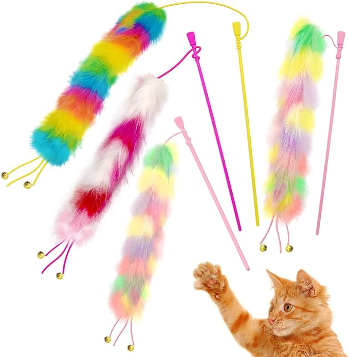 4 Pack Cat Wand Toy, Rainbow Cat Feather Toys with Bells, Teaser Wand with Soft Furry Tail, Interactive Toys for Indoor Cats & Kitten & Kitty-PurrikoPets