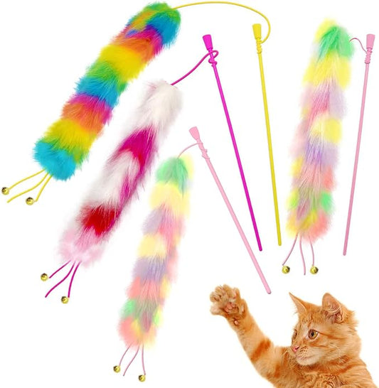 4 Pack Cat Wand Toy, Rainbow Cat Feather Toys with Bells, Teaser Wand with Soft Furry Tail, Interactive Toys for Indoor Cats & Kitten & Kitty-PurrikoPets