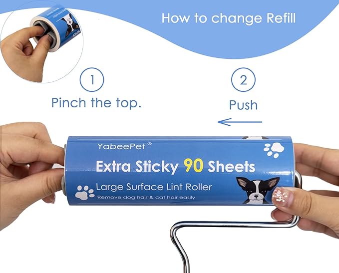 Extreme Sticky Large Surface Lint Roller, 6.3'' Giant Pet Hair Remover Roller for Pet Dog Cat Hair, Clothes&Furniture Cleaning, 90 Sheets (1 Roller + 2 Refills)-PurrikoPets