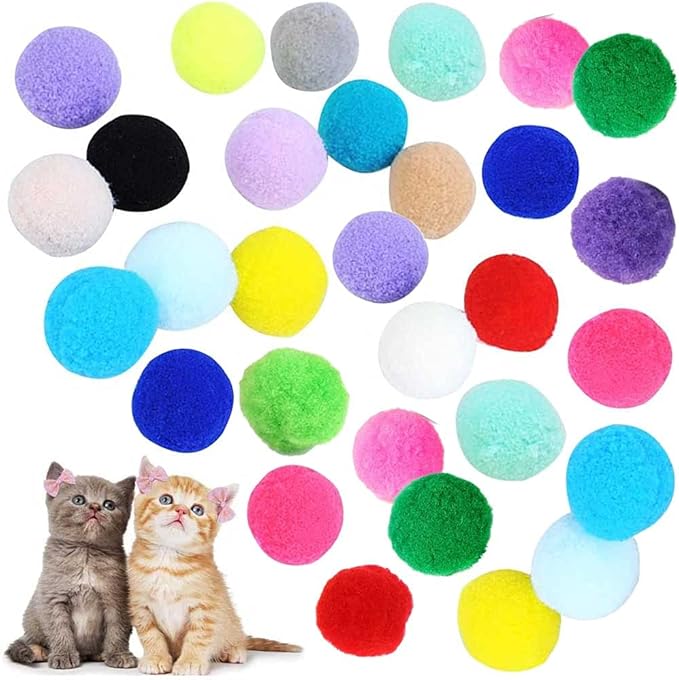 30Pcs 1.3 Inch Cat Toy Balls Soft Kitten Pompom Toys Indoor Cats Interactive Playing Quiet Ball Cats Favorite Toy, Cat Pom Pom Balls for Craft DIY Creative Crafts Decorations (Assorted Color)-PurrikoPets