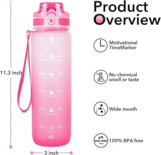 32oz Motivational Water Bottles with Time Marker & Fruit Strainer, Transparent Gradient Color Water Bottle with Times to Drink, Leakproof & BPA Free, Reusable Bottle with Strap (No Straw)-PurrikoPets
