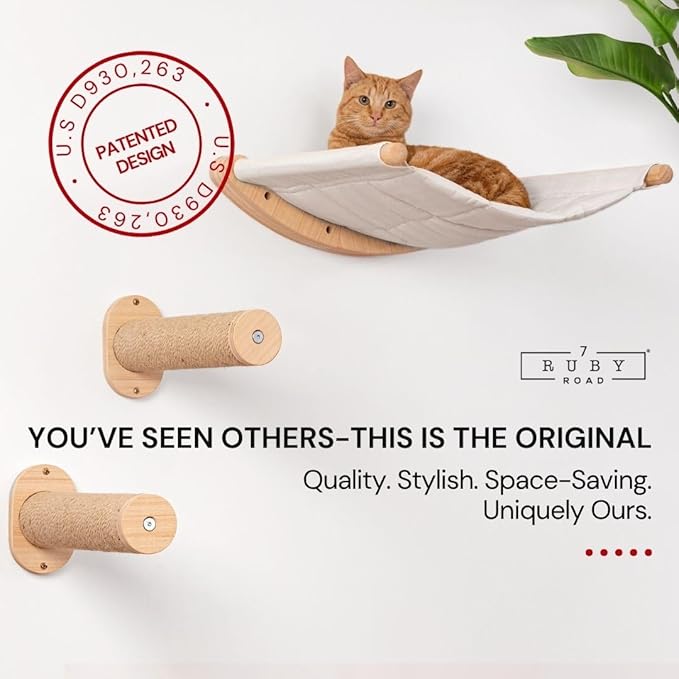 7 Ruby Road Cat Hammock Wall Mounted Shelf with Two Steps Set - Wall Shelves and Perches for Sleeping, Playing, Climbing and Lounging - Modern Cat Bed & Furniture for Indoor and Large Cats or Kitty-PurrikoPets