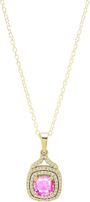 Dazzlingrock Collection 6mm Cushion Lab Created Gemstone & Round Natural Diamond Halo Pendant (Gold Chain Included), 10K Yellow Real Solid Gold