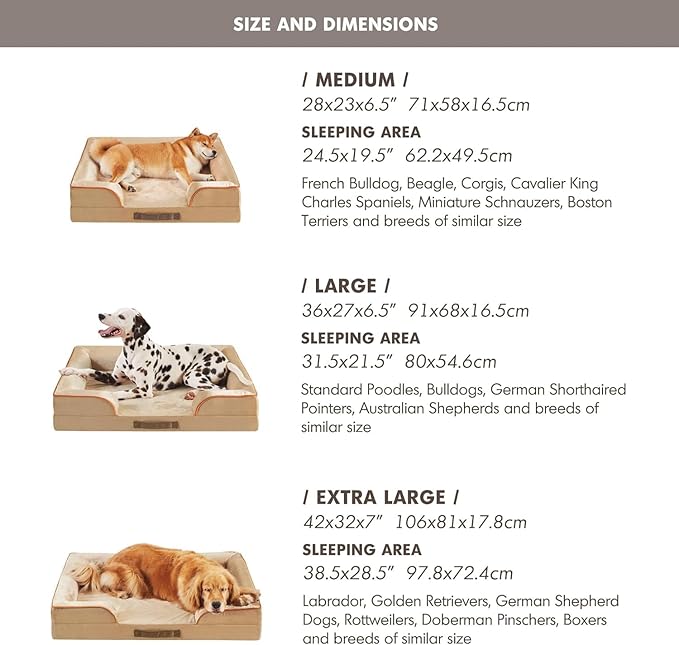 Friends Forever Orthopedic Dog Bed for Extra Large Dogs, Waterproof Memory Foam Dog Sofa Bed XL with Removable Washable Cover, Ally Khaki, 42x32x7-PurrikoPets