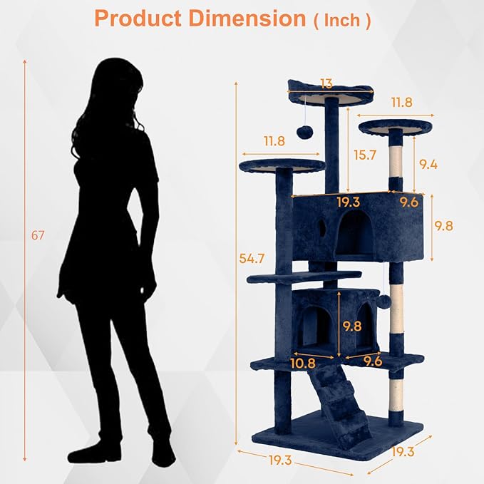 54.7 inches Cat Tower - Multi-Level Cat Condo with Scratching Posts, Hanging Toys, Navy Blue-PurrikoPets