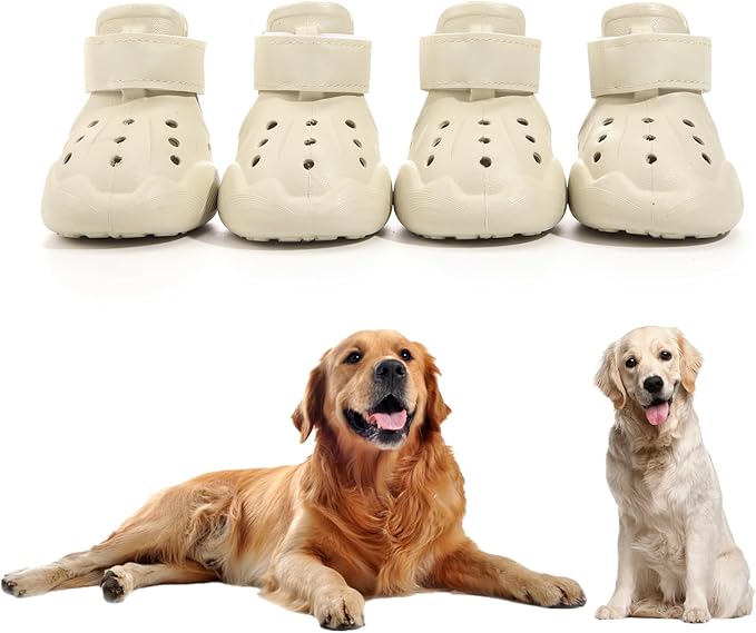 Dog Shoes, Dog Sandals for Hot Pavement, Non-Slip Waterproof Dog Booties for Winter Snowy Day and Summer, Adjustable Straps Easy-Clean Beach Outdoor Pet Boots Rugged Sole-4Pcs Beige-PurrikoPets
