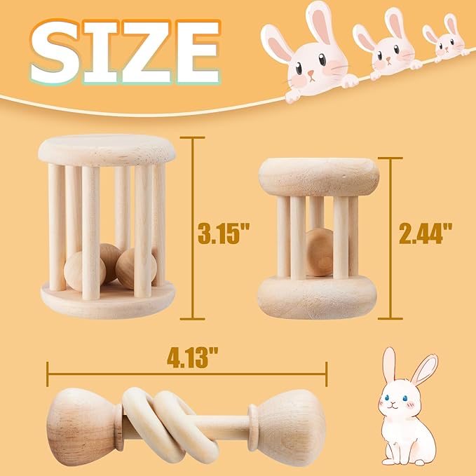 3 Pcs Natural Wooden Bunny Toys, Safe Rabbit Toys for Guinea Pig Chinchillas Hamsters Small Animals Playing Teeth Grinding Indoor Outdoor-PurrikoPets