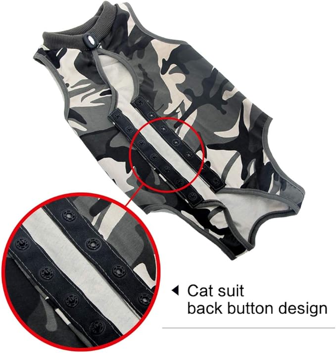 DOTON Cat Recovery Suit for Male and Female Surgical Post Surgery Soft Cone Onesie Shirt Clothes Neuter Licking Protective Diapers Outfit Cover Kitten Spay Collar(L, Camouflage)-PurrikoPets
