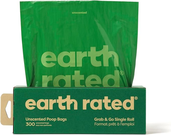 Earth Rated Dog Poop Bags, Thick Grab and Go Single Roll, Ideal for Backyard Pickups, Unscented, 300 Count-PurrikoPets