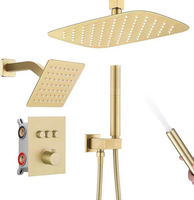 12 Inch Rain Shower System, Brushed Gold Shower Faucet Set with Push Button Diverter, 6 Inch Wall Mounted 3-Functions Bathroom Shower Systems with Dual-Function Handheld (Thermostatic, Gold Brushed)-PurrikoPets