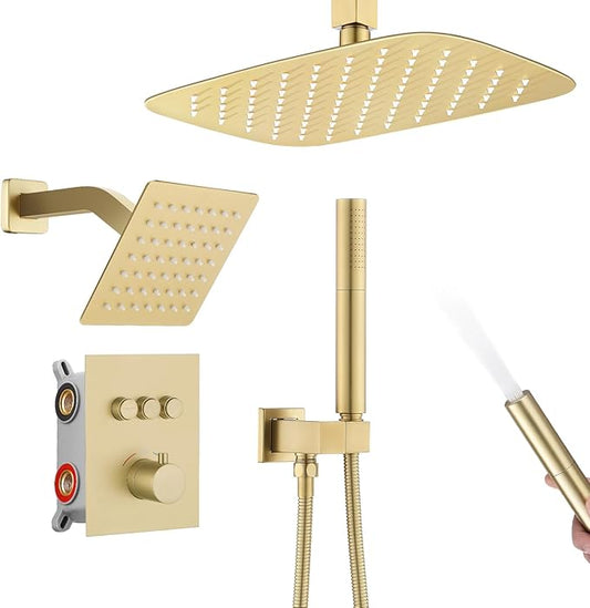 12 Inch Rain Shower System, Brushed Gold Shower Faucet Set with Push Button Diverter, 6 Inch Wall Mounted 3-Functions Bathroom Shower Systems with Dual-Function Handheld (Thermostatic, Gold Brushed)-PurrikoPets