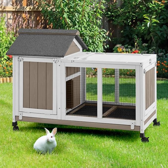 38''L Rabbit Hutch Outdoor Indoor with Wheels, Wooden Expandable 2 Story Bunny House Rabbit Cage with Run, Waterproof Roof, Pull Out Tray, Guinea Pig Cage Chicken Coop for Small to Medium Pets-PurrikoPets