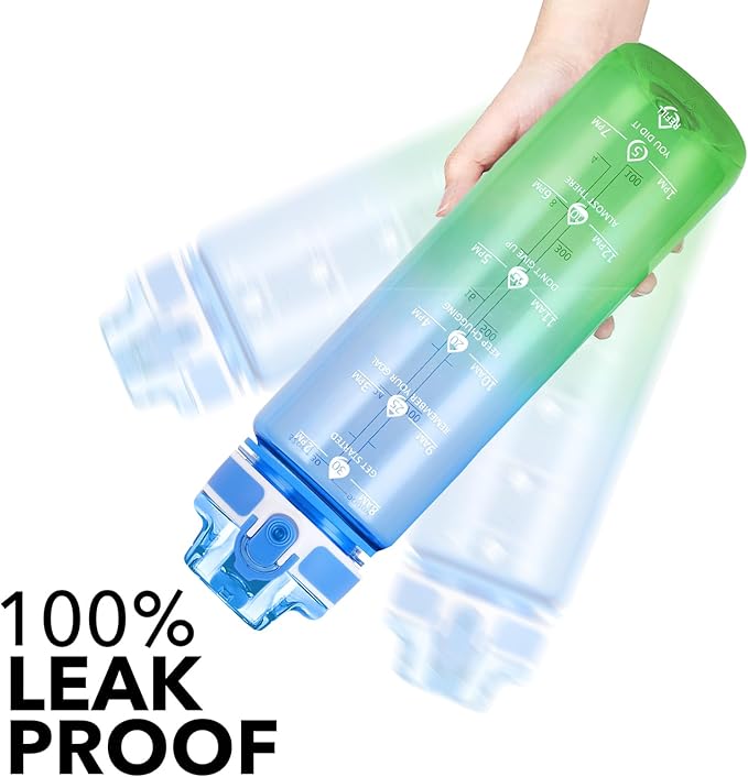 32oz Motivational Water Bottles with Time Marker & Fruit Strainer, Transparent Gradient Color Water Bottle with Times to Drink, Leakproof & BPA Free, Reusable Bottle with Strap (No Straw)-PurrikoPets