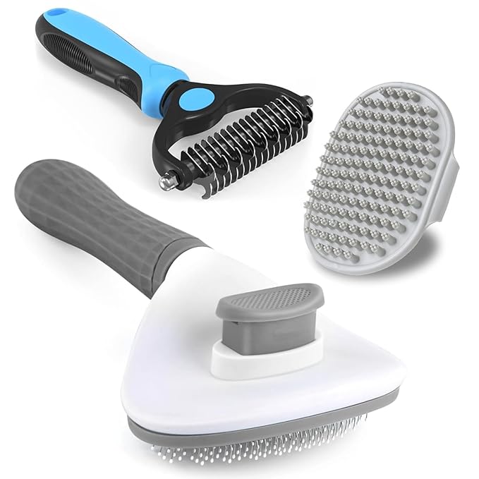 3PCS Dog Grooming Brush - Dog Brush for Shedding Massaging Bathing - Double Sided Shedding, Dematting Undercoat Rake - Self Cleaning Slicker Comb for Dogs and Cats with Long or Short Coats-PurrikoPets