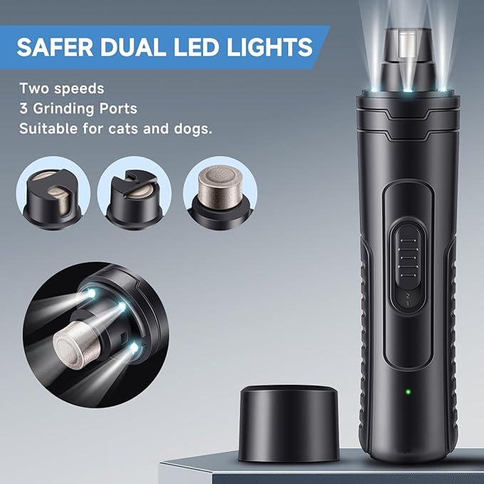 Dog Nail Grinder Quiet 2-Speed Pet Nail Grinder with 3 Led Lights and 3 Ports Rechargeable Electric Dog Nail Trimmer for Large and Small Dogs/Cats and Small Animals Safe (Black)-PurrikoPets