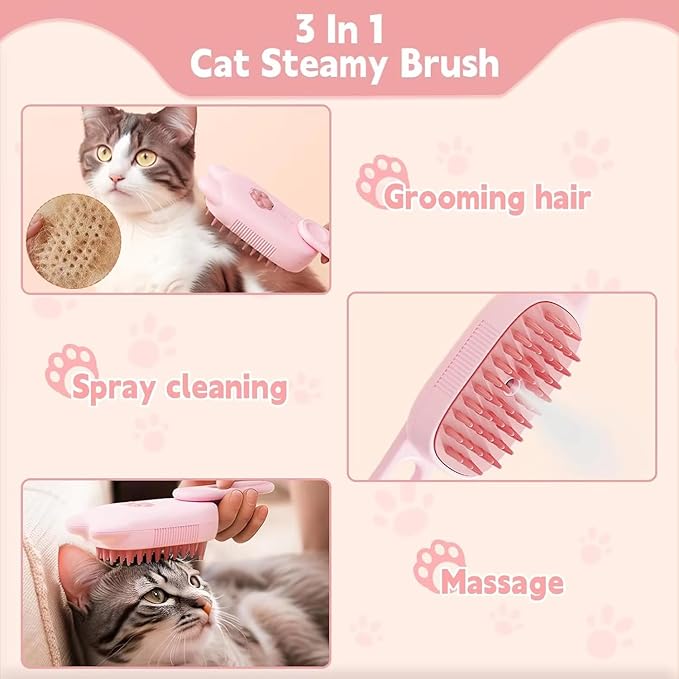 4 in 1 Cat Steam Brush Rechargeable pet spray comb Steam Brush for Cats and Dogs, Massage, Cleaning, Shedding & Combing Multifunctional Hair Removal Anti Static Grooming Tool for home (Pink)-PurrikoPets