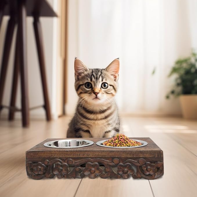 Elevated Pet Feeder for Dogs and Cats - The Bali Carved Wood Pet Feeding Stand with Two Stainless Steel Bowls - Three Heights Adjustable Raised Dog Bowl - Food Water Pet Feeding Station - IRONGATE-PurrikoPets