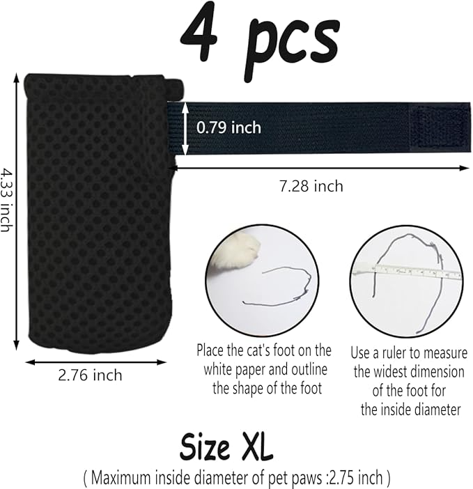 4 PCS Cat Mittens to Prevent Scratching,Mesh Breathable Cat Shoes,Adjustable Cats Anti Scratch Gloves,Suitable for Cats When Bathing and Nail Trimming(XL,Black)-PurrikoPets