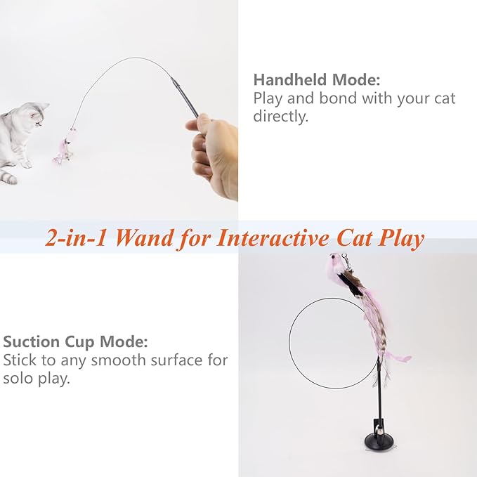 12PCS Interactive Cat Feather Wand Toy Set – 11 Bird & Feather Teaser Refills with Bells + Flexible Suction Cup Wand – Realistic Bird Design, Natural Materials, Indoor Cat Toys for Exercise & Play-PurrikoPets