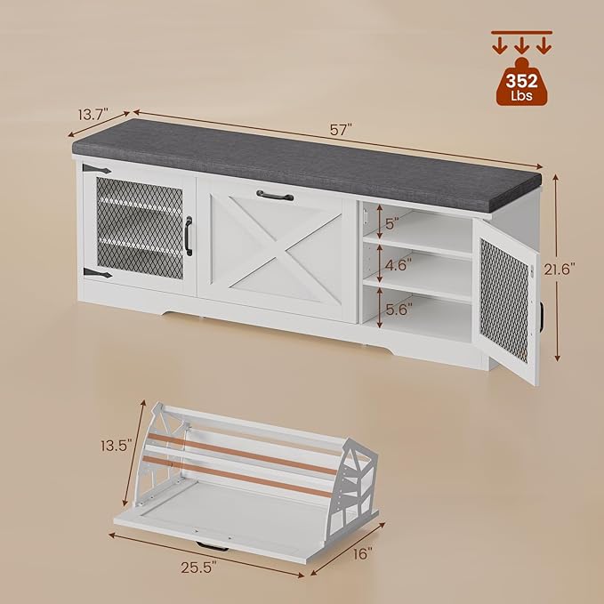 Farmhouse Storage Bench with Flip Drawers & Padded Seat Cushion, Half Hidden Shoe Rack Organizer, Adjustable Shelf Shoe Cabinet for Large Family, Entryway, Bedroom, Living Room (White)-PurrikoPets