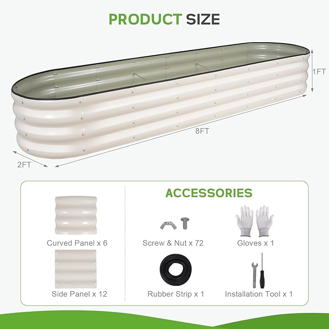 Galvanized Raised Garden Bed - 8×2×1ft Planter Raised Beds for Gardening | Oval Metal Garden Planter Box with Safety Edging and Bracing Rods for Vegetables Fruits and Flowers (White)-PurrikoPets