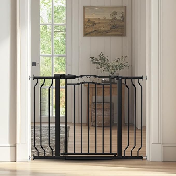 29.53"-43.30" Mornyray Auto-Close Baby Gate Extra Wide, Pressure Mounted Dog & Pet Gate for Stairs Doorways, No Drill Safety Barrier with Lace Design, Metal Child Proof Gate Indoor Outdoor, Black-PurrikoPets