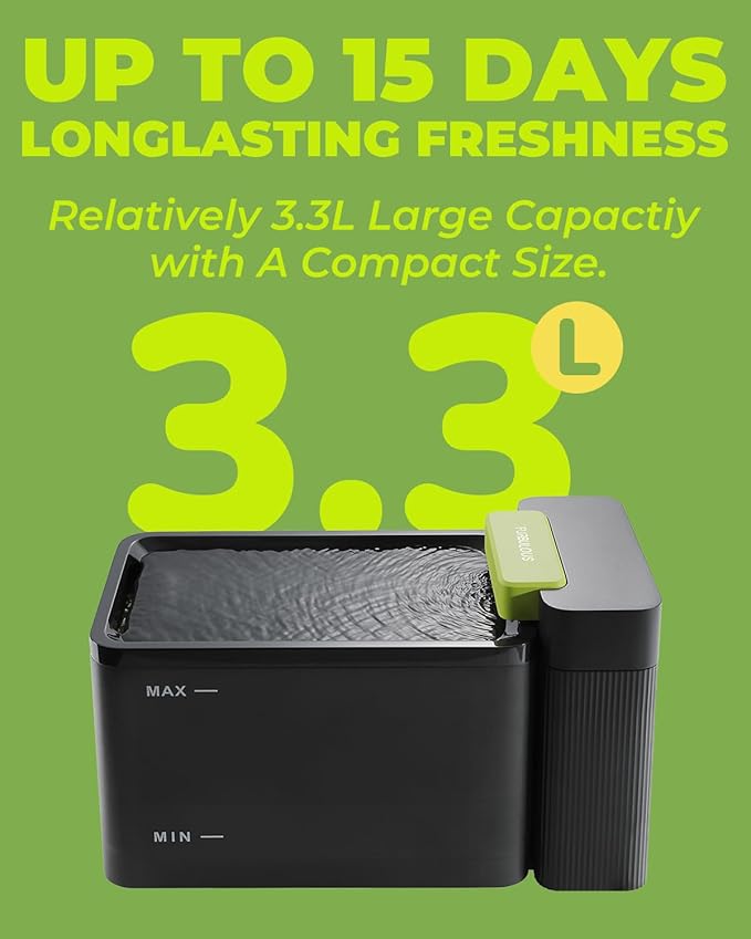 Furbulous 316 Stainless Steel Automatic Water Fountain with Ultrafiltration Tech, 3.3L/112oz Large Bowl, Ultra-Quiet, BPA-Free Dish Two Modes Water Dispenser for Cats/Medium Dogs/Pets (Black)-PurrikoPets