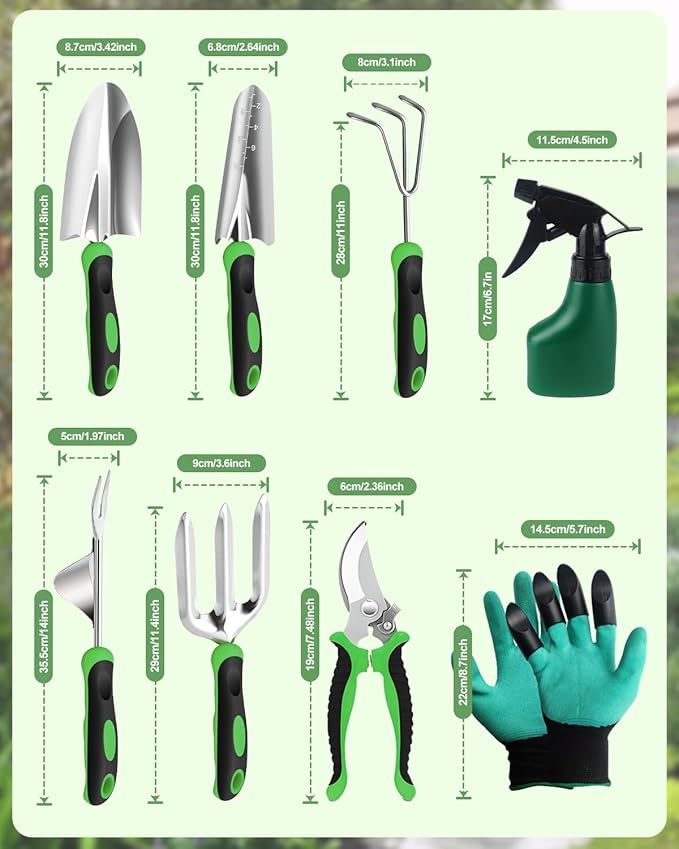 Garden Tools Set, 8 in 1 Heavy Duty Garden Tools Kit, Stainless Steel Ergonomic Gardening Hand Tool with Upgraded Bag, Gardening Supplies Gift for Women, Kid, Organizer-PurrikoPets