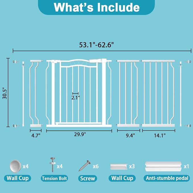 Extra Wide Baby Gate for Doorways 53.1"-62.6", Pressure Mounted Dog Gates With Door, Child Safety Barrier Walk Thru Indoor, Large Babygate Long for Kids Toddler Pet Outside, 30 In Tall White-PurrikoPets