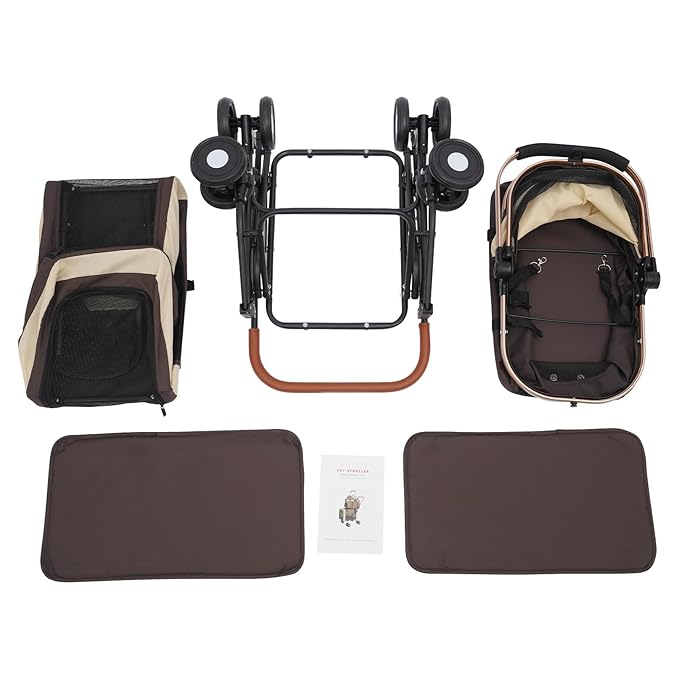 Foldable Pet Stroller for Small & Medium Dogs, Double Dog & Cat Stroller with 3-in-1 Travel System, Detachable Pet Carrier with Wheels for Cats and Dogs up to 77 lbs, Coffee Color-PurrikoPets
