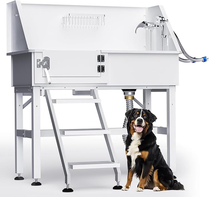 Dog Washing Station for Home, 38" White Professional Stainless Steel Dog Grooming Tub, Height Adjustable Dog Bathing Station, Upgrade Parts, Dog Bath Tubs for Small & Medium Dogs(Left Stair)-PurrikoPets